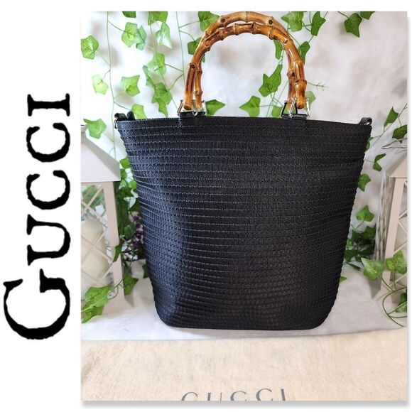 Authentic Gucci Black Canvas Bamboo Bucket Tote with Dust Bag and COA - Picture 1 of 17